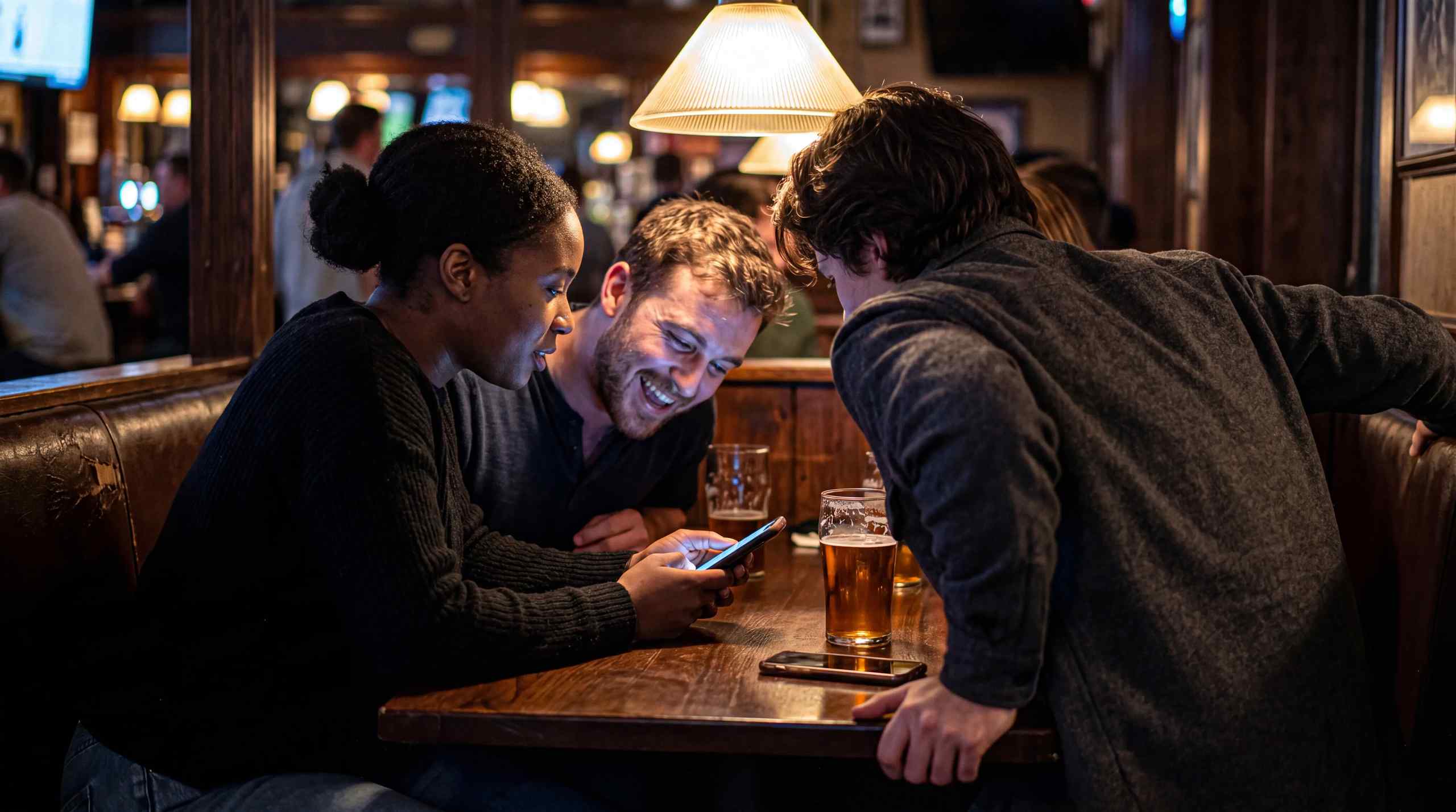 A group of friends gathered at the bar sharing laughs.